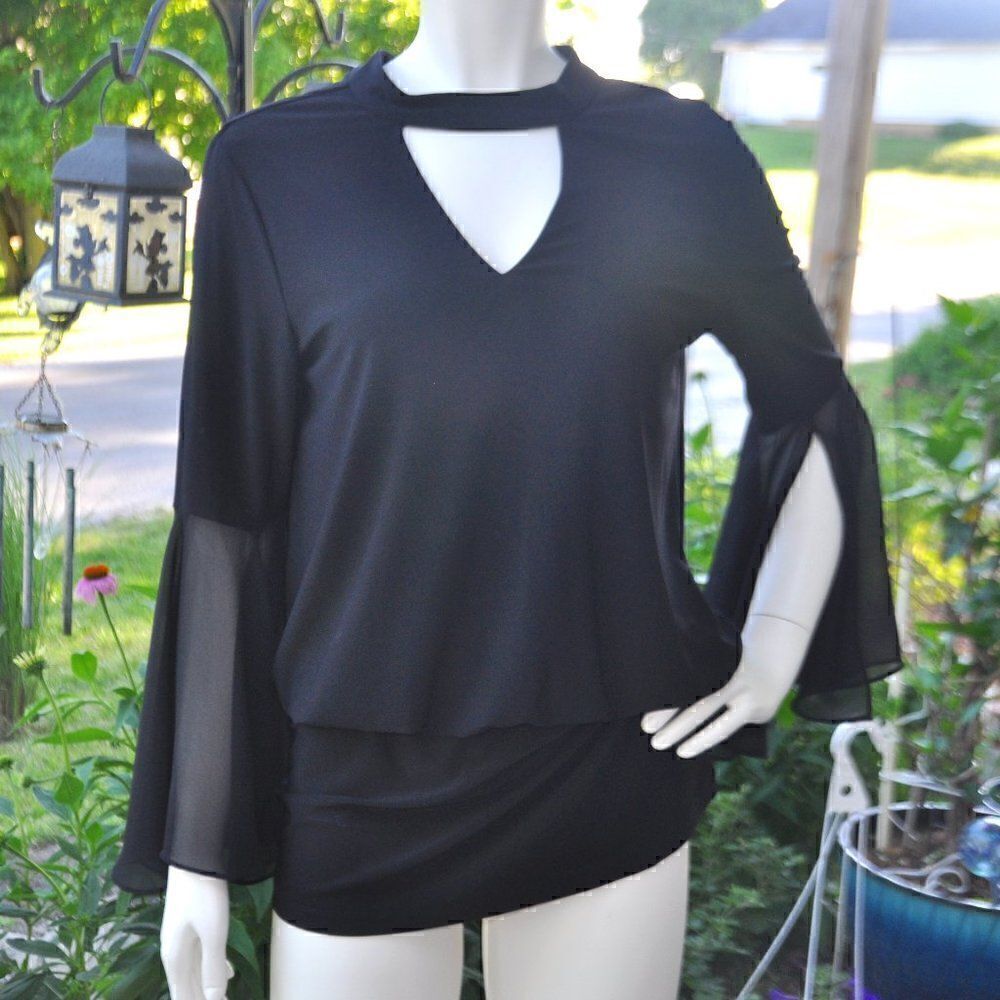 2/$10 Laurie Felt Size Small Black Blouse with Sheer Sleeves and choker neckli…